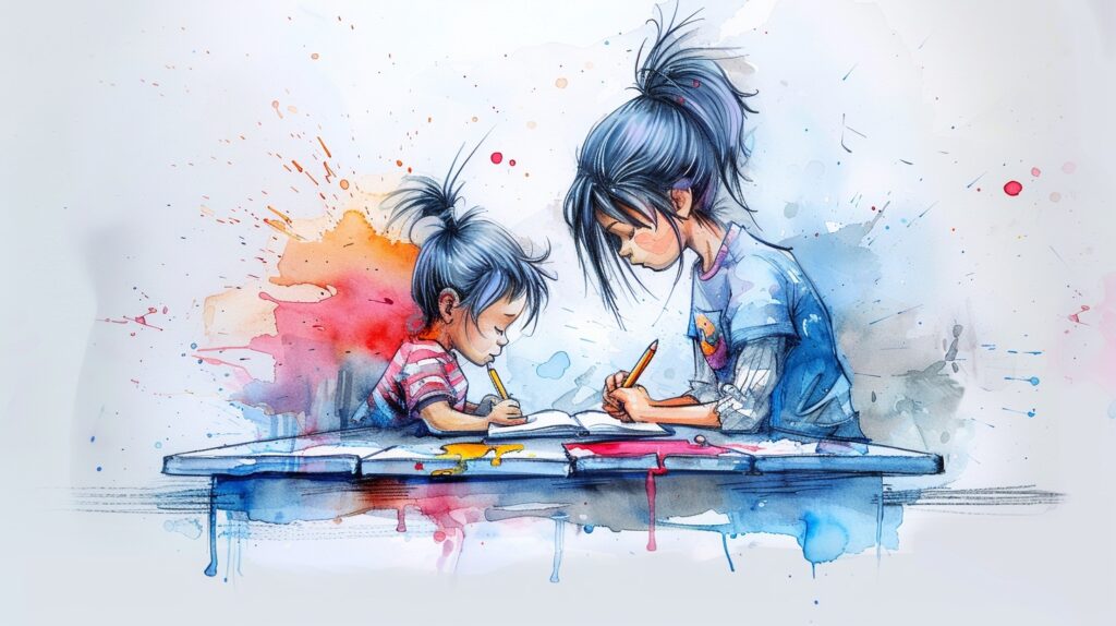 A mom and daughter sit at a table working on fun writing prompts.