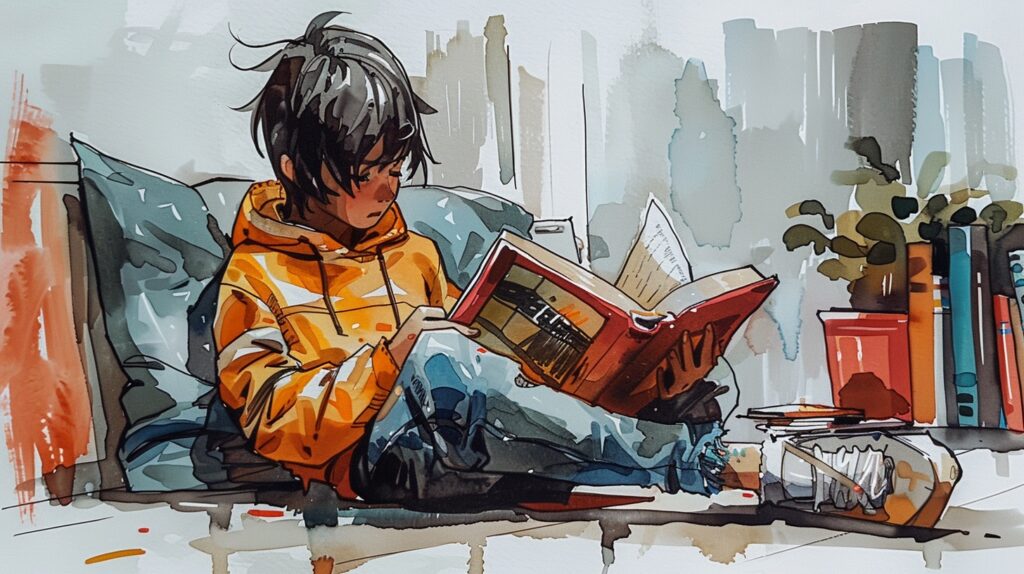 a boy sitting on a chair reading a book. Tips for readers